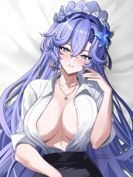 1girl alternate_costume black_skirt blue_eyes blue_flower blush breasts cantarella_(wuthering_waves) collarbone collared_shirt commentary english_commentary facial_mark fingernails flower hair_between_eyes hair_flower hair_ornament hand_up headdress highres hiroki_(hirokiart) jewelry large_breasts long_hair looking_at_viewer mark_under_eye mole mole_under_eye nail_polish necklace office_lady parted_lips purple_hair purple_nails shirt shirt_tucked_in skirt smile solo twitter_username unbuttoned white_shirt wuthering_waves