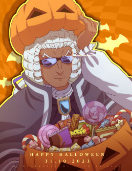 Rule 34 | 1boy, absurdres, border, candy, candy cane, catovyen, chocolate, chocolate bar, classicaloid, closed mouth, dated, facial hair, food, happy birthday, highres, johann sebastian bach (classicaloid), looking at viewer, male focus, mature male, mustache stubble, orange background, ponytail, powdered wig, puffy sleeves, pumpkin on head, ribbon, solo, sparse stubble, stubble, sunglasses, v-shaped eyebrows, wig, wrapped candy, yellow border