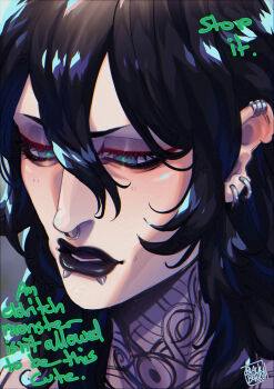 1boy absurdres black_hair blackberreh-art blonde_hair_roots design_speculation ear_piercing earrings eye_tattoo face_piercing gerard_keay goth_fashion highres jewelry lips long_hair makeup male_focus neck_tattoo nose_piercing nose_ring notched_ear piercing septum_piercing snakebite_(piercing) solo tattoo the_magnus_archives