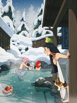 Rule 34 | 5girls, @ @, ahoge, animal, animal ears, animal on head, ass, bare shoulders, bird, bird on head, blue eyes, blush, bowl, breasts, calico (pattern), calico cat, carol cao, cat ears, closed eyes, commentary, completely nude, fins, fir tree, fish, flat chest, flying sweatdrops, green eyes, hand on own chest, hands on another's shoulders, head fins, highres, holding, holding towel, in container, kneeling, leaning forward, long hair, long sidelocks, looking back, mermaid, monster girl, multiple girls, naked towel, nose blush, nude, on head, onsen, open mouth, original, outdoors, pale skin, partially submerged, pillar, pink hair, red hair, sidelocks, sky, small breasts, smile, snow, snowing, stairs, steam, sweatdrop, teeth, towel, towel on head, tree, untranslatable commentary, upper teeth only, very long hair, very long sidelocks, whiskers, yellow eyes