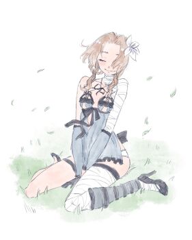 1girl aerith_gainsborough bandaged_arm bandaged_leg bandaged_neck bandages bervens12 black_gloves black_shoes blue_negligee blue_sleeves braid braided_hair_rings breasts brown_hair closed_eyes cosplay detached_sleeves falling_leaves final_fantasy final_fantasy_vii final_fantasy_vii:_ever_crisis flower gloves hair_flower hair_ornament hair_over_one_eye hair_rings high_heels highres kaine_(nier) kaine_(nier)_(cosplay) kneeling leaf long_hair medium_breasts official_alternate_costume panties parted_bangs shoes sidelocks single_bare_shoulder sketch smile solo underwear white_flower white_panties