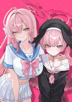 2girls absurdres black_hair blue_archive breasts closed_mouth collarbone hanako_(blue_archive) highres koharu_(blue_archive) large_breasts long_hair long_sleeves looking_at_viewer midriff multiple_girls navel pink_hair pink_ribbon puffy_long_sleeves puffy_sleeves ribbon skirt smile solo white_skirt yamu_(yamu_030) yellow_eyes