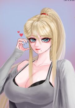 1girl absurdres black_bra black_eyeliner blonde_hair blue_eyes bra breasts cleavage eyeliner gradient_background grey_shirt grey_vest hairband heart highres large_breasts leeyujin2501 long_hair makeup metroid mole nintendo pink_background ponytail red_hairband red_lips samus_aran shirt underwear vest