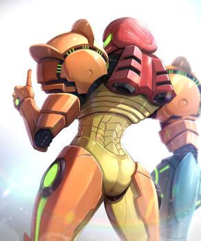 1girl absurdres arm_cannon armor artist_name ass assault_visor bloom commentary_request cowboy_shot facing_away full_armor gonzarez green_visor hand_up helmet highres light_particles metroid metroid_prime_1 nintendo power_armor power_suit_(metroid) samus_aran science_fiction solo standing thumbs_up twitter_username varia_suit weapon