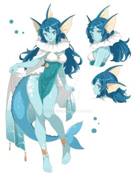 1girl barefoot blue_dress blue_skin breasts cape colored_skin commentary commission covered_navel deedo781 deviantart_logo dress english_commentary fins fish_tail gen_1_pokemon head_fins highres humanization long_hair looking_at_viewer medium_breasts multiple_views nintendo open_mouth pokemon simple_background smile tail vaporean vaporeon watermark web_address white_background white_cape