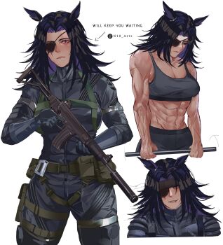 1girl abs animal_ears arrow_(symbol) bare_shoulders black_bodysuit black_hair black_headband black_leggings bodysuit breasts character_request cleavage closed_mouth cosplay english_text eyepatch fenomeno_(umamusume) flipped_hair gloves grey_sports_bra gun headband highres holding holding_gun holding_weapon horse_ears horse_girl large_breasts leggings long_hair long_sleeves looking_at_viewer metal_gear_(series) multicolored_hair n10_arts navel parted_lips purple_eyes purple_hair rifle smile sports_bra stomach umamusume weapon