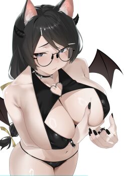 1girl animal_ears arril100 bat_wings black_hair black_nails breasts cat_ears cleavage_cutout clothing_cutout glasses hanekawa_tsubasa heart heart-shaped_pupils highres large_breasts long_hair monogatari_(series) sideboob simple_background solo symbol-shaped_pupils white_background wings