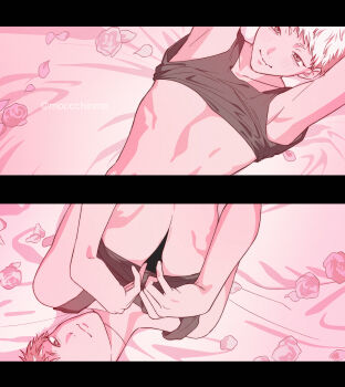 1boy absurdres armpits arms_up black_tank_top blush closed_mouth clothes_lift collarbone commentary_request deep_wound highres hikaru_ga_shinda_natsu indou_hikaru injury looking_at_viewer lying male_focus moccchinmo multiple_views no_nipples on_back on_bed petals shirt_lift short_eyebrows smile tank_top twitter_username