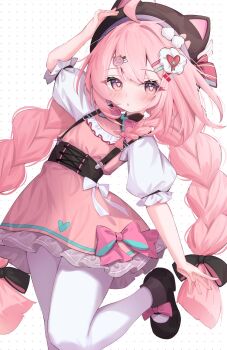 1girl ahoge animal_ears animal_hat black_bow black_hat black_shoes blush bow braid cat_hair_ornament cat_hat commentary dress eip_(pepai) footwear_bow hair_bow hair_ornament hairclip hat heart heart_hair_ornament highres long_hair looking_at_viewer original pantyhose pink_bow pink_dress pink_eyes pink_hair puffy_short_sleeves puffy_sleeves shoes short_sleeves solo standing standing_on_one_leg symbol-shaped_pupils twin_braids white_background white_pantyhose