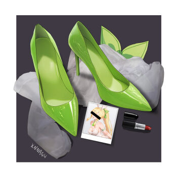 1girl animal_ears artist_name bar_censor blonde_hair border braid breasts censored censored_identity cleavage detached_collar elf fairy_(sao) fake_animal_ears green_footwear green_ribbon hair_ribbon high_heels highres large_breasts lipstick lipstick_mark long_hair makeup photo_(object) playboy_bunny pointy_ears ponytail rabbit_ears red_lips ribbon shoes signature simple_background solo xnnagu