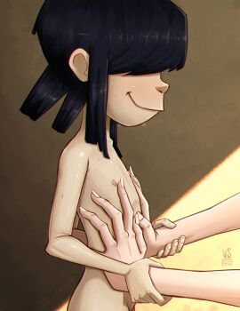 1girl bad_tag blinding_bangs female flat_chest gorillaz grabbing_another&#039;s_arm hair_over_eyes hand_on_another&#039;s_chest loli nipples noodle_(gorillaz) nude smile standing topless touching_nipples vsdrawfag