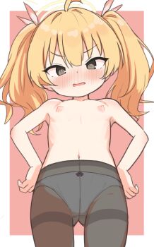 1girl ahoge blonde_hair blue_archive blush border bow bow_panties brown_eyes commentary cowboy_shot flat_chest glaring hair_bow halo hands_on_own_hips kok loli long_hair looking_at_viewer looking_down navel nipples nose_blush panties panties_under_pantyhose pantyhose parted_lips pink_background pink_bow solo thighband_pantyhose topless_female twintails underwear v-shaped_eyebrows white_border white_panties yellow_halo yoshimi_(blue_archive)
