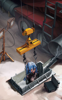 1girl absurdres arms_behind_back ball_gag bdsm bodysuit bondage bound breasts collar concrete covered_navel crane_(machine) crying crying_with_eyes_open drooling execution gag gag_harness gagged highres immobilization impossible_bodysuit impossible_clothes kumachi_(aikawaakeya) latex latex_bodysuit long_hair looking_to_the_side medium_breasts nipple_penetration original restrained sex_toy shibarikini skin_tight solo stuck suspension tears very_long_hair yellow_eyes