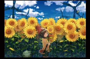 1girl bag beanie black_hair closed_mouth cloud commentary_request cottonee day floral_print flower gen_5_pokemon green_shorts hat holding holding_flower looking_to_the_side nintendo outdoors pokemon pokemon_(creature) pokemon_sm red_headwear selene_(pokemon) shirt short_sleeves shorts shoulder_bag sky smile sunflower wind_turbine windmill zuizi