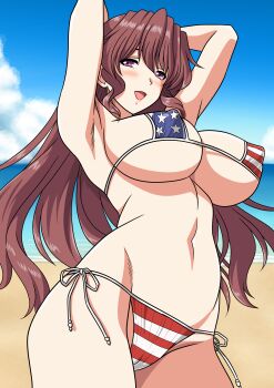 1girl absurdres american_flag american_flag_bikini american_flag_print arisaka_hatsune armpits arms_behind_head arms_up beach bikini blue_sky blush breasts brown_eyes brown_hair commentary_request covered_erect_nipples flag_print flag_print_bikini highres large_breasts long_hair looking_at_viewer navel ocean open_mouth outdoors print_bikini sky smile solo swimsuit tona-gura! yuuyuu_(3jjbn)