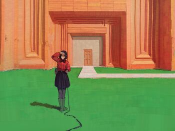 1girl absurdres architecture black_hair black_skirt black_thighhighs boots brown_eyes cable color_contrast controller day fanny_pack grass green_boots highres holding holding_remote_control looking_at_viewer medium_skirt notfuji one_eye_closed original outdoors parted_hair path perspective pleated_skirt pov red_sweater remote_control road rubber_boots sidelighting skirt solo sweater thighhighs vanishing_point wide_shot wooden_door