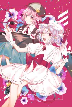 2girls bat_wings blue_hair bow brown_hat brown_jacket champagne_flute closed_mouth collared_shirt commentary_request cup deerstalker detective dress drinking_glass eyeball flower flower_request foul_detective_satori glove_bow gloves hat hat_bow hat_ornament heart heart_hat_ornament highres jacket komeiji_satori mob_cap multiple_girls pink_background pink_flower pink_hair puffy_short_sleeves puffy_sleeves purple_flower red_bow red_eyes remilia_scarlet shirt short_sleeves third_eye toraneko_2 touhou white_dress white_gloves white_shirt wings