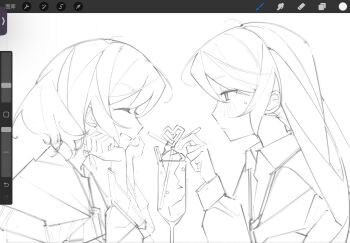 2girls art_program_in_frame bang_dream! blush closed_mouth commentary_request crazy_straw drinking_straw greyscale head_rest heart_straw highres hikawa_hina hikawa_sayo long_hair monochrome multiple_girls procreate_(medium) shared_drink short_hair siblings sisters smile sweatdrop toumeiii twins