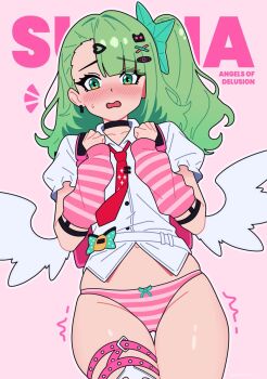 Rule 34 | 1girl, arm warmers, bag, black choker, blush, character name, choker, commentary, earrings, embarrassed, green eyes, green hair, hair ornament, heart, highres, jewelry, loblob art, looking at viewer, magikflaan, musical note earrings, navel, necktie, no panties, open mouth, panties, pink arm warmers, pink background, pink bag, pink panties, red necktie, shirt, solo, striped arm warmers, striped clothes, striped panties, sunna (zenless zone zero), thighs, underwear, white panties, white shirt, white wings, winged bag, wings, zenless zone zero