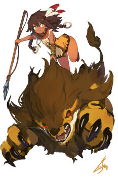 1girl animal beast_king_(sekaiju) beast_king_2_(sekaiju) braid brown_hair claws closed_mouth commentary dark-skinned_female dark_skin dress earrings etrian_odyssey eye_trail feather_hair_ornament feathers hair_ornament highres holding holding_polearm holding_weapon jewelry lansane light_trail looking_at_viewer native_american necklace orange_eyes polearm riding sekaiju_no_meikyuu sekaiju_no_meikyuu_3 signature simple_background sleeveless sleeveless_dress spear twin_braids weapon white_background