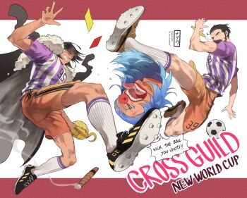 3boys angry ball black_hair buggy_the_clown cigar cleats clown_nose commentary crocodile_(one_piece) cross cross_necklace disembodied_head dracule_mihawk english_commentary english_text highres hook_hand jewelry kicking male_focus multiple_boys necklace ngumngim one_piece orange_shorts shirt short_sleeves shorts soccer_ball soccer_uniform socks speech_bubble sportswear striped_clothes striped_shirt tongue tongue_out white_socks