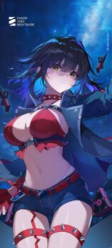 1girl barcode belt black_hair black_shorts blue_hair blue_jacket bra breasts buckle chaos_zero_nightmare cleavage closed_mouth collar colored_inner_hair commentary copyright_logo copyright_name cowboy_shot dagger ear_piercing english_commentary fingerless_gloves frown gloves hair_between_eyes hair_intakes hand_up highres jacket knife light_blush logo looking_at_viewer medium_hair midriff multicolored_hair navel official_art official_wallpaper panty_straps piercing power_symbol red_belt red_bra red_collar red_gloves ring_piercing short_shorts shorts snap-fit_buckle solo spiked_collar spikes strap thigh_gap thighs tressa_(chaos_zero_nightmare) two-tone_hair underwear weapon yellow_eyes