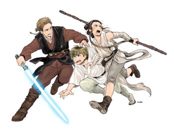 1girl 2boys anakin_skywalker animification energy_sword father_and_son jedi lightsaber luke_skywalker matsuri6373 multiple_boys rey_(star_wars) science_fiction shouting signature simple_background staff star_wars star_wars:_a_new_hope star_wars:_attack_of_the_clones star_wars:_the_clone_wars star_wars:_the_force_awakens sword time_paradox weapon