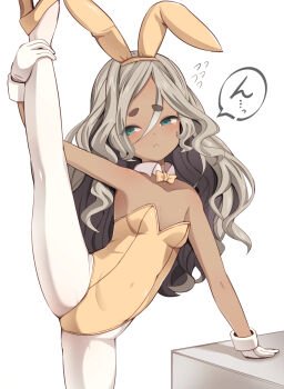 animal_ears arm_support bare_shoulders bow bowtie breasts dark-skinned_female dark_skin detached_collar embarrassed fake_animal_ears flexible flying_sweatdrops garoudo_(kadouhan&#039;i) gloves green_eyes grey_hair high_heels highres holding_own_leg kneepits leg_hold leg_lift leg_up legs leotard long_hair original pantyhose playboy_bunny rabbit_ears shoes small_breasts split spread_legs standing standing_on_one_leg standing_split strapless strapless_leotard thighs white_gloves white_pantyhose yellow_bow yellow_bowtie yellow_leotard yellow_shoes