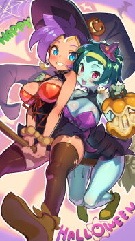 2girls blue_eyes breasts broom broom_riding cleavage colored_skin green_hair green_skin halloween highres large_breasts life_is_pi long_hair multiple_girls purple_hair rottytops shantae shantae_(series) short_hair