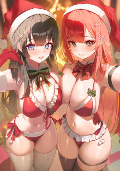 2girls absurdres akane_lize arm_strap bikini black_hair black_thighhighs bow bowtie braid breasts cleavage cross cross_earrings domi_(hongsung0819) earrings elbow_gloves fang gloves hat highres jewelry large_breasts long_hair looking_at_viewer mole multiple_girls navel open_mouth red_gloves red_hair red_hat santa_bikini santa_costume santa_hat shirayuki_hina smile standing stellive stomach swimsuit teeth thighhighs upper_teeth_only virtual_youtuber white_thighhighs