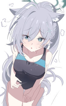 1girl absurdres animal_ear_fluff animal_ears black_one-piece_swimsuit blue_archive blue_eyes breasts commentary competition_swimsuit cosplay covered_navel cross_hair_ornament extra_ears from_above grey_hair hair_ornament halo highres kanimiso30601 long_hair low_ponytail medium_breasts medium_hair mismatched_pupils multicolored_swimsuit official_alternate_costume one-piece_swimsuit ponytail shiroko_(blue_archive) shiroko_(blue_archive)_(cosplay) shiroko_(swimsuit)_(blue_archive) shiroko_terror_(blue_archive) simple_background solo swimsuit symbol-only_commentary white_background wolf_ears