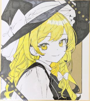 1girl absurdres black_hat black_vest blonde_hair bow braid commentary_request double-parted_bangs hair_bow hat hat_bow highres kirisame_marisa long_hair looking_at_viewer parted_lips portrait re_re_merry shirt single_braid smile solo touhou vest white_bow white_shirt yellow_eyes