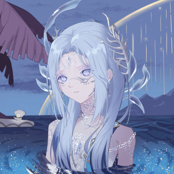 1girl bare_shoulders blue_eyes blue_hair blue_sky bone_hair_ornament born_flawless_(infinity_nikki) chinese_commentary circlet clam closed_mouth cloud colored_eyelashes commentary_request dress eyeshadow hair_half_over_shoulder hair_ornament head_tilt highres infinity_nikki jewelry light_smile lips long_hair looking_ahead makeup mascara meteor_shower mountainous_horizon night nikki_(series) nostrils ocean outdoors pale_skin palm_tree partially_submerged pointy_nose purple_eyeshadow ripples scale_hair_ornament sky so_ni_ni solo strapless strapless_dress symbol-shaped_pupils tree upper_body white_dress