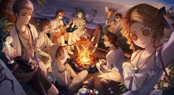 2girls 6+boys :d aesop_carl against_railing alice_deross alternate_costume alva_lorenz arm_behind_head bandana beach belt_pouch bikini bird bird_on_hand black_sclera blonde_hair blue_eyes blue_footwear blue_skirt bodysuit bonfire bow bowtie bracelet braid brown_hair bucket bush chair closed_eyes closed_mouth clothes_around_waist coat cocktail cocktail_flower colored_sclera cooking crab crossed_legs cup curly_hair day deck_chair diving_suit drinking_glass eli_clark eyebrow_cut facial_mark feet_out_of_frame fire fish_(food) floating_hair flower flower_symbol folding_chair food frederick_kreiburg frilled_bikini frills fruit full_body grace_(identity_v) grapes green_hair grey_hair grilled_fish grilling group_picture hair_slicked_back highres holding holding_cup holding_instrument holding_stick holding_ukulele hood hood_up hoodie identity_v index_finger_raised indian_style instrument jacket jacket_around_waist jammers jewelry legskin lemon lemon_slice lens_flare lime_(fruit) lime_slice long_hair low_ponytail male_swimwear medium_hair midriff multiple_boys multiple_girls music musical_note naib_subedar necklace no_shirt norton_campbell o-ring ocean official_art open_clothes open_coat open_hand open_jacket open_mouth owl palm_tree parted_bangs pendant plaid_clothes plaid_skirt playing_instrument ponytail pouch print_shirt railing sandals sarong seashell selfie shell shirt shoes short_bangs short_hair single_braid sitting skirt sleeveless sleeveless_hoodie sleeveless_jacket smile sneakers standing stick stitched_mouth stitches sunglasses sunset surfboard swept_bangs swim_trunks swimsuit third-party_source towel towel_around_neck tray tree ukulele watch water watermelon waving wavy_hair wetsuit white_bikini white_bow white_bowtie white_coat white_flower white_hoodie white_jacket white_shirt wine_glass wristband wristwatch yellow_eyes