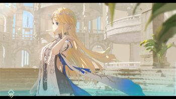 1girl absurdres artist_logo bare_shoulders black_dress blonde_hair blue_eyes breasts cartethyia_(wuthering_waves) closed_mouth commentary commentary_request crown_of_thorns dress earrings english_commentary from_side hand_up highres jewelry letterboxed logo long_hair looking_ahead mixed-language_commentary multiple_earrings pointy_ears quragenomiken small_breasts solo tabard tacet_mark_(wuthering_waves) upper_body white_tabard wuthering_waves