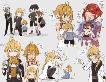 absurdres aged_down angry baby baby_carry babywearing bare_shoulders bespectacled blonde_hair carrying carrying_baby carrying_person character_doll child coffee crossed_arms crying crys_(xenoblade) cup dadeltan doll eunie_(xenoblade) family fiora_(xenoblade) flute glasses glimmer_(xenoblade) hair_intakes head_wings highres instrument lab_coat lanz_(xenoblade) long_hair low-tied_long_hair mother_and_daughter mother_and_son mug nikol_(xenoblade) noah_(xenoblade) nopon_archsage onesie pyra_(xenoblade) red_hair rex_(xenoblade) short_hair shulk_(xenoblade) starbucks staring wings xenoblade_chronicles_(series) xenoblade_chronicles_3 xenoblade_chronicles_3:_future_redeemed