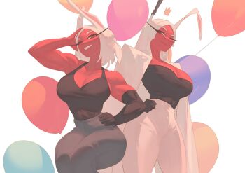2girls animal_ears balloon bare_shoulders black_gloves black_tank_top boku_no_hero_academia breasts cleavage coat coat_on_shoulders collarbone commentary commission crown dark-skinned_female dark_skin elbow_gloves english_commentary floating_crown floppy_ears gloves grey_pants hand_on_own_head hand_on_own_hip highres large_breasts long_eyelashes long_hair looking_at_viewer mechanical_ears mirko multiple_girls one_eye_closed pants parted_bangs rabbit_ears rabbit_girl rebigaki red_eyes second-party_source shirt_tucked_in short_hair single_elbow_glove smile squatting tank_top thick_thighs thighs toned toned_female white_background white_coat white_hair white_pants