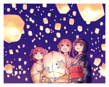 Rule 34 | 3girls, :d, ahoge, asaka karin, black hair, black kimono, blue eyes, blunt bangs, commentary, english commentary, floral print, floral print kimono, frilled sash, highres, holding, holding lantern, japanese clothes, kimono, kishimen hair, lantern, long hair, love live!, love live! nijigasaki high school idol club, multiple girls, obi, obijime, open mouth, paper lantern, pink hair, pink kimono, print kimono, red sash, sagami (aikodesyo), sash, smile, tennoji rina, twintails, two side up, white kimono, zhong lanzhu