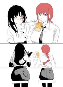 2girls ass black_pants braid braided_ponytail chainsaw_man collared_shirt cup drink drinking elbow_gloves facial_scar formal_clothes gloves highres holding holding_drink huge_ass jacket jijon278925 long_hair long_sleeves makima_(chainsaw_man) multiple_girls necktie open_mouth pants partially_colored red_hair ringed_eyes scar scar_on_cheek scar_on_face scar_on_nose shirt siblings simple_background sisters suit talking yellow_eyes yoru_(chainsaw_man)