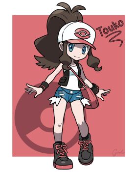 Rule 34 | 1girl, absurdres, bag, black shoes, black vest, blue eyes, blue shorts, border, brown hair, character name, closed mouth, denim, denim shorts, full body, garloo, high ponytail, highres, hilda (pokemon), long hair, looking at viewer, nintendo, open clothes, open vest, outside border, poke ball symbol, pokemon, pokemon bw, ponytail, red background, red bag, shirt, shoes, short shorts, shorts, shoulder bag, signature, sleeveless, sleeveless shirt, smile, solo, standing, vest, white border, wristband