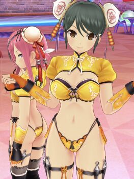 2girls 3d ass black_footwear black_hair breasts brown_eyes butt_crack cleavage double_bun eyepatch flat_chest grey_eyes hair_bun highleg highleg_panties highres kazakiri_(senran_kagura) loli looking_at_viewer medium_breasts meimei_(senran_kagura) multiple_girls navel outdoors panties pink_hair senran_kagura senran_kagura_new_link underwear