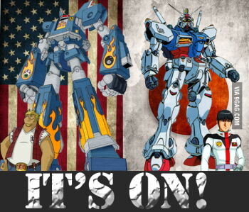 Rule 34 | 2boys, american flag, cartoon network, coop (megas xlr), english text, fire, fire, gundam, japanese flag, mecha, megas xlr, megas xlr (mecha), multiple boys, robot
