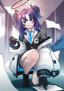Rule 34 | 1girl, :o, absurdres, black gloves, black halo, black jacket, black shoes, blazer, blue archive, blue necktie, ceiling, coat, collared shirt, commentary request, detached sleeves, gloves, hair between eyes, halo, highres, holding, holding paper, indoors, jacket, long hair, long sleeves, looking at viewer, mechanical halo, multicolored hair, necktie, open mouth, over flow99, paper, purple eyes, purple hair, shirt, shoes, solo, squatting, thighs, two-tone hair, white coat, white shirt, window, yuuka (blue archive)