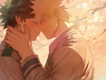 Rule 34 | 2boys, bakugou katsuki, blonde hair, blush, boku no hero academia, branch, cherry blossoms, closed eyes, closed mouth, collared jacket, commentary, english commentary, from side, green hair, grey jacket, hands on another's neck, highres, iamsizzlebutt, jacket, layered sleeves, long sleeves, male focus, midoriya izuku, multiple boys, outdoors, profile, school uniform, shirt, short hair, smile, spiked hair, twitter username, u.a. school uniform, upper body, white shirt, yaoi