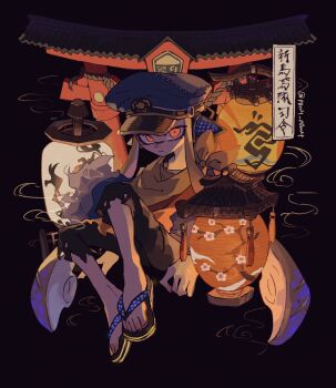 1girl agent_3_(splatoon) artist_name behind-the-head_headphones black_background black_pants black_sandals blonde_hair blue_hat capri_pants captain_3_(splatoon) closed_mouth colored_tips commentary_request full_body grey_shirt hat headphones highres inkling invisible_chair lantern long_hair looking_at_viewer multicolored_hair nintendo orange_eyes p0m4_p0m4 pants paper_lantern patchwork_clothes peaked_cap purple_hair sandals shirt simple_background sitting solo splatoon_(series) splatoon_3 tentacle_hair torii torn_clothes torn_pants twintails two-tone_hair very_long_hair