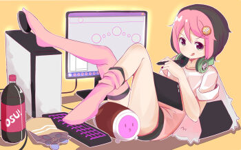 1girl :q black_hair bottle computer computer_keyboard drawing_tablet food green_eyes hair_ornament hairpin headphones headphones_around_neck highres indoors legs_up licking_lips monitor multicolored_hair onigiri osu! oversized_clothes pink_hair pink_thighhighs pippi_(osu!) reclining shirt smirk soda soda_bottle solo stylus sushi t-shirt thighhighs tongue tongue_out white_shirt