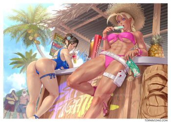 2boys 2girls abs akuma_(street_fighter) alternate_costume ass beach belt bent_over bikini blonde_hair blue_one-piece_swimsuit braid breasts cammy_white capcom chun-li cleavage coconut coconut_tree cup curvy day double_bun drink drinking_straw food from_below hair_bun hat highleg highleg_one-piece_swimsuit highres holding holding_drink holding_food holding_popsicle huge_ass licking looking_at_viewer loose_belt low_twin_braids m._bison multiple_boys multiple_girls muscular muscular_female official_alternate_costume one-piece_swimsuit palm_tree pink_bikini popsicle pouch sandals shiny_skin side-tie_bikini_bottom standing strapless strapless_bikini straw_hat street_fighter street_fighter_6 swimsuit tan thigh_pouch thigh_strap thighs thong_one-piece_swimsuit torn_s tree twin_braids wide_hips