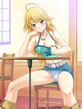 10s 1girl ahoge bad_id bad_pixiv_id belt blonde_hair blush boots breasts clothes_pull denim denim_skirt female_focus flashing green_eyes hoshii_miki idolmaster idolmaster_(classic) idolmaster_2 jiyuuyuu long_hair looking_at_viewer medium_breasts miniskirt navel nipple_slip nipples no_bra one_breast_out oppai_challenge panties pantyshot presenting shirt_pull skirt smile solo spread_legs tank_top teasing underwear upskirt white_panties
