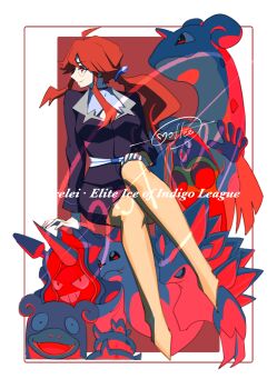 Rule 34 | 1girl, absurdres, ahoge, alolan form, alolan sandslash, arm support, border, breasts, cccacademia, character name, closed mouth, cloyster, dewgong, gen 1 pokemon, gen 7 pokemon, glasses, highres, jacket, jynx, lapras, long hair, looking to the side, lorelei (pokemon), mixed-language commentary, nintendo, pantyhose, pokemon, pokemon (creature), pokemon lgpe, ponytail, red hair, shirt, shoes, sidelocks, signature, sitting, skirt, slowbro, smile, white border