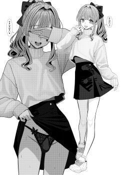 Rule 34 | 1boy, absurdres, black panties, bow, bulge, clothes lift, hair bow, highres, long hair, long sleeves, monochrome, multiple views, original, panties, ponytail, shoes, simple background, skirt, skirt lift, sneakers, solo, speech bubble, trap, turisasu, underwear, white background
